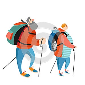 Elderly cartoon people hiking together.