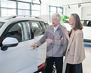 An elderly Caucasian couple chooses a new car at a car dealership.