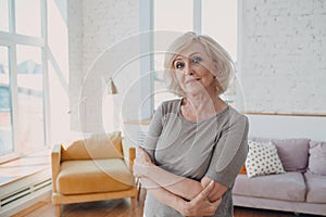 Elderly caucasian old aged woman portrait gray haired positive smiling stand.