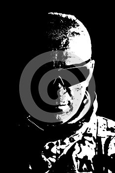 Elderly commando fighter studio portrait on black