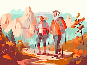 elderly couple active senior grandfather walking old trekking hiking happy. Generative AI.
