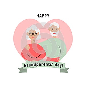 An elderly couple in the background of a heart. Happy Grandparent`s Day. Vector Illustration for card, postcard, poster, banner