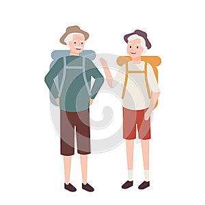 Elderly couple with backpacks. Pair of old man and woman practicing hiking or adventure tourism. Outdoor recreation