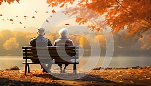 Elderly Couple on a Bench in Autumn Park - Serene Moments Together - Generative AI