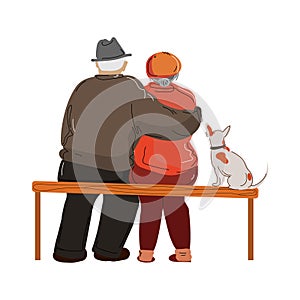 Elderly couple on bench with dog for lifestyle vector illustration isolated on white background.
