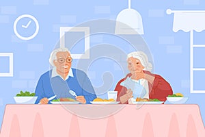 Elderly couple breakfast. Senior woman elder man eating health food at kitchen table, grandmother with grandfather eat