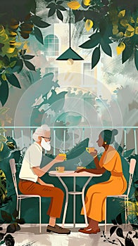 An elderly couple in a cafe. Grandfather with a beard and grandmother are drinking coffee or tea