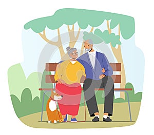 Elderly Couple Characters Spending Time With Dog at City Park. Happy Smiling Senior Man and Woman Sitting on Bench