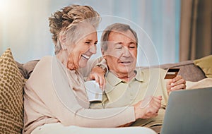 Elderly, couple with credit card for online shopping and e commerce with laptop, internet and banking. Retirement, money