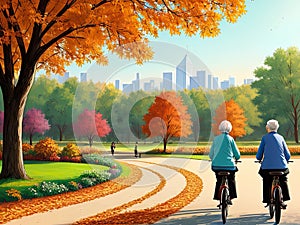 Elderly couple cycling in autumn park Generative Ai