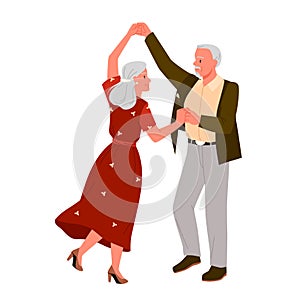 Elderly couple dancing to music together, happy active old grandfather and grandmother