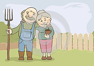 Elderly couple do gardening