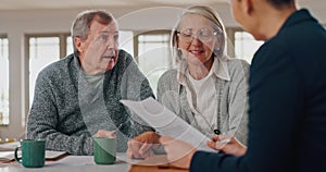 Elderly couple, documents and financial advisor in retirement, consultation or planning at home. Senior man or woman