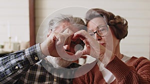 Elderly couple doing heart sign together. Indoor shot of senior married couple making romantic gesture