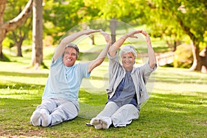 Elderly couple doing their stretches in the park