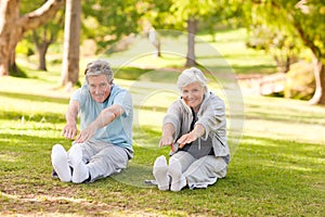 Elderly couple doing their stretches in the park