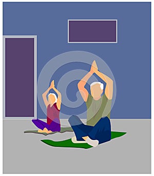 Elderly couple doing yoga at home. Indoor retired leisure. Active healthy lifestyle quarantined