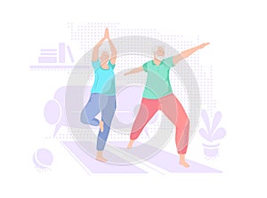 Elderly couple doing yoga at home. Indoor retired leisure. Active healthy lifestyle quarantined. Sport, fitness for