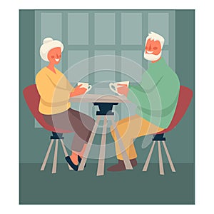 Elderly couple drinking tea at table, happy retirement