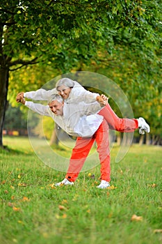 Elderly couple is engaged in sports in nature