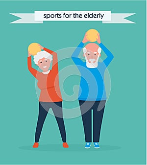 Elderly couple is engaged in sports. Vector illustration. Healthy lifestyle concept. Active sport concept. Cartoon flat