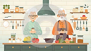 Elderly couple enjoying cooking together in a home kitchen. cozy interior, healthy lifestyle concept illustration. AI