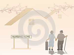 An elderly couple is entering a nursing home with  pink sky background