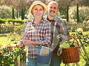 Elderly couple gardening in the backyard