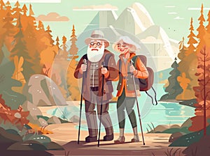 elderly couple happy grandfather active walking old senior hiking trekking. Generative AI.