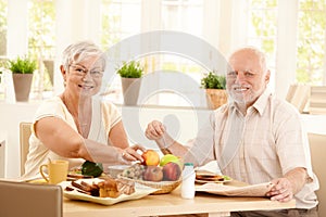 Elderly couple having breakfast