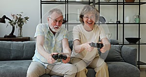 Elderly couple holding gamepads play video games at home