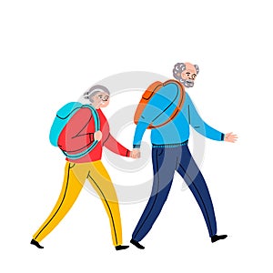 Elderly couple holding hands are going camping .Grandmother and grandfather together. Grandparents. A man and a woman of old age.