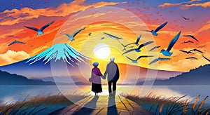 Elderly couple holding hands, mt fuji, sunset, bright sky with flock Of birds flying background