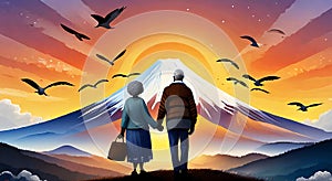 Elderly couple holding hands, mt fuji, sunset, bright sky with flock Of birds flying background