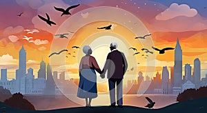Elderly couple holding hands, mt fuji, sunset, bright sky with flock Of birds flying background