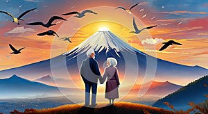 Elderly couple holding hands, mt fuji, sunset, bright sky with flock Of birds flying background