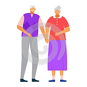 Elderly couple holding hands, senior man and woman standing together. Loving grandparents, retirement companionship