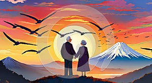 Elderly couple holding hands, taj mahal , sunset, bright sky with background, sunset art