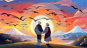 Elderly couple holding hands, taj mahal , sunset, bright sky with background, sunset art