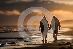 An elderly couple holding hands and walking along a peaceful beach at sunset. radiating love and companionship