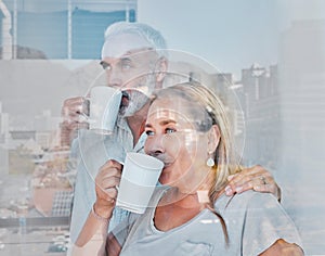 Elderly couple, hug and drinking coffee by window of the city with a vision for morning routine at home. Senior man and