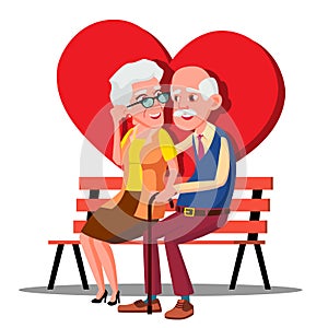 Elderly Couple Hugging On The Bench With Big Red Heart Vector. Illustration