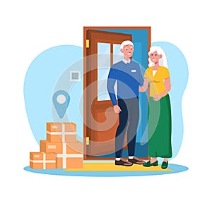 Elderly couple isstanding at the door with delivery parcels