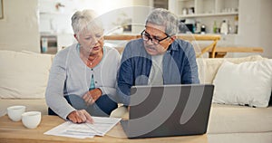 Elderly, couple and laptop with document for financial planning, investment or paperwork for retirement. Senior man