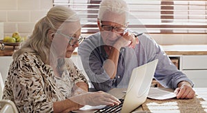 Elderly couple, laptop and kitchen for research, financial budget and online investment for mortgage payment in