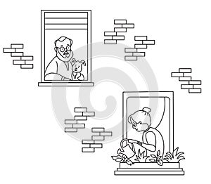 Elderly couple looking for a house. windows with people neighbors. Elderly man with a dog, a woman with a watering can