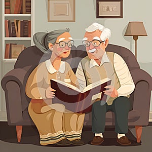 An elderly couple looks at old photographs in an album together. Cartoon style.