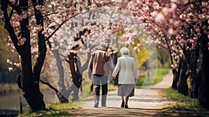 An elderly couple in love, a man and a woman, are walking near blooming spring trees.