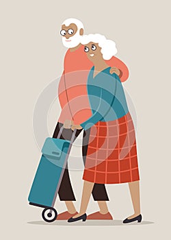 Elderly couple in love pushing grocery bag together