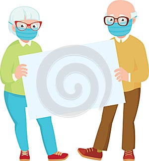 Elderly couple man and woman in medical protective masks hold blank form in hands vector cartoon illustration
